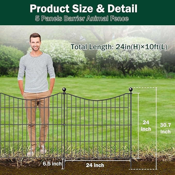 5 Panels No Dig Dog Fence Outdoor for Yard, 24 in(H) X 10 ft(L) Decorative Tall Garden Fence Animal Barrier, Rustproof Metal Wire Garden Edging and Borders, Temporary Fencing Stakes