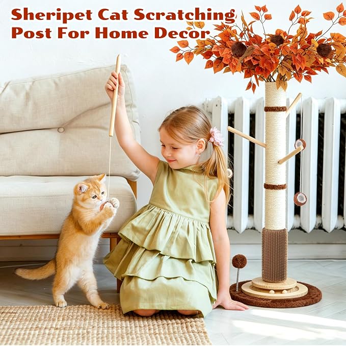 Cat Scratching Post, 46" Tall Scratcher Post for Indoor Adult Cats | Heavy Duty Scratching Post 100% Natural Sisal, Stable 3-Layer Wood Base, Hanging Ball and Track Toy for Indoor Adults Cats