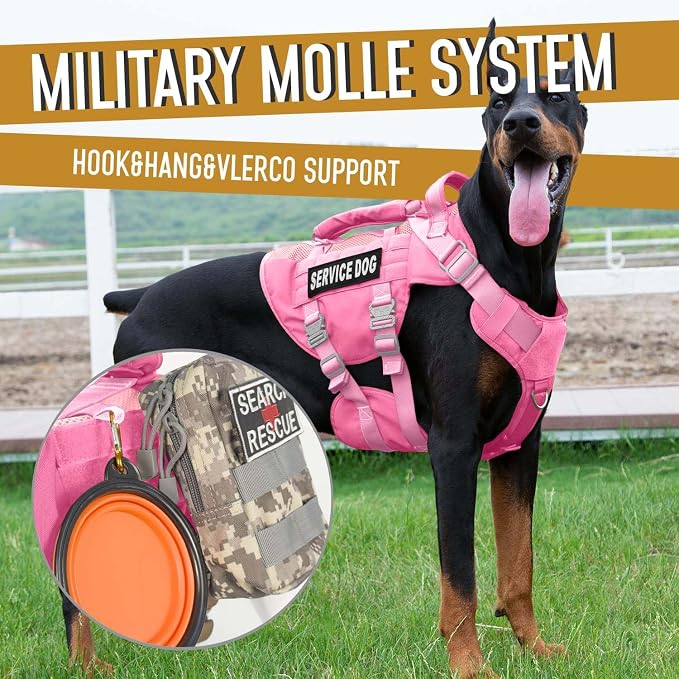 Service Dog Vest for Large Dogs, Pink Tactical Harness with Military MOLLE, Breathable Mesh & 39g Metal Buckle - Size XL for Training & Hiking
