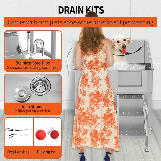 38" Stainless Steel Dog Washing Stations for Large Dogs, Pet Grooming Tub for Home, Professional Pet Bathtub Bathing Station, Pet Wash Station, Dog Shower Tub with Stairs, Drain & Door,R-Door