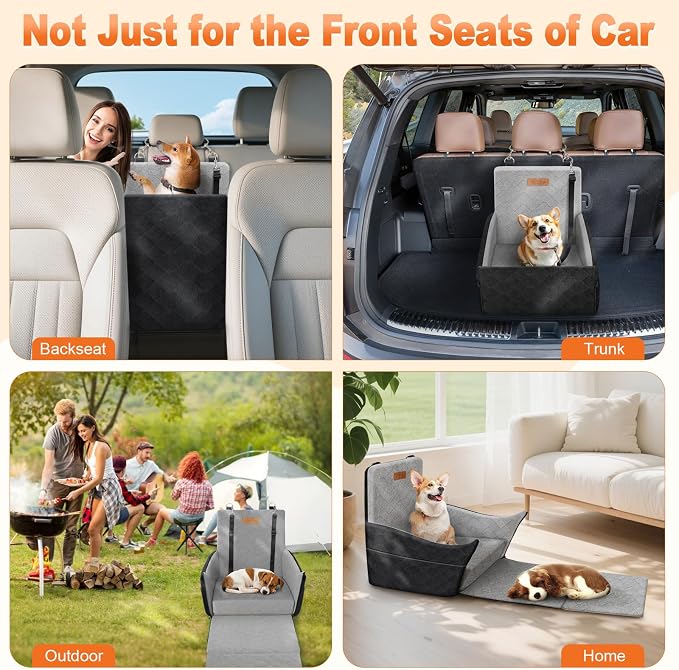 Elevated Dog Car Seat for Small and Medium Dogs Up to 35 lb | 4" High-Density Foam Dog Car Bed, 2 Storage Pockets,3 Safety belts,Fully Removable and Washable for Easy Care,Black+Gray