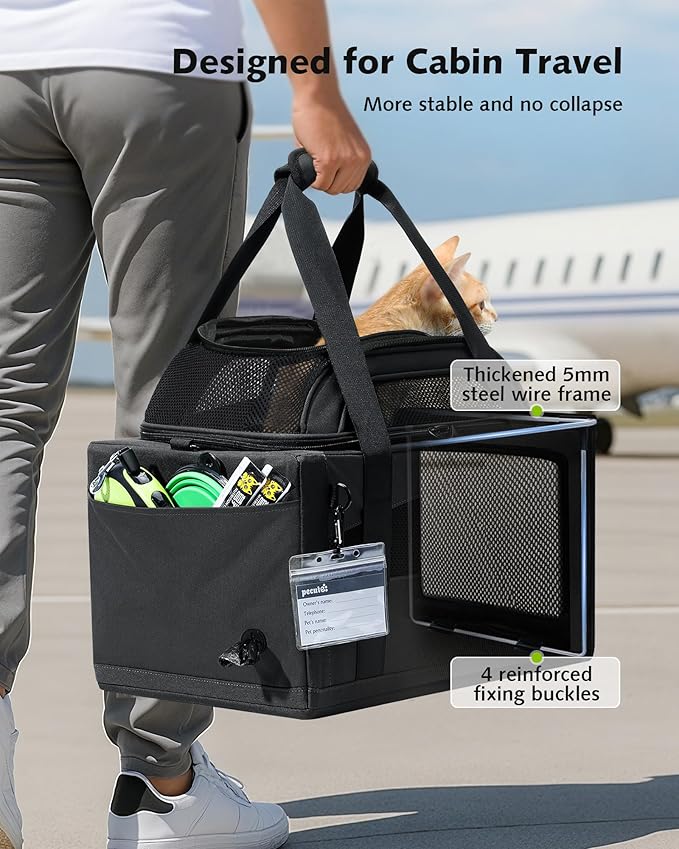 Pecute Top Side Expandable Pet Carrier Airline Approved Dog Cat Carrier, Breathable Soft-Sided with Locking Zippers, Pet Travel Bag for Small Dog Cat Leakproof Pee Pad ((Dark Gray)
