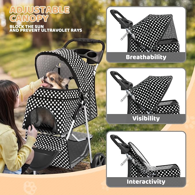 Magshion 3-Wheel Pet Stroller, Foldable Travel Jogger for Small & Medium Dogs & Cats (Up to 33lbs), Lightweight Carrier with Breathable Mesh Cover, Cup Holder & Storage Basket, Black Polka Dots
