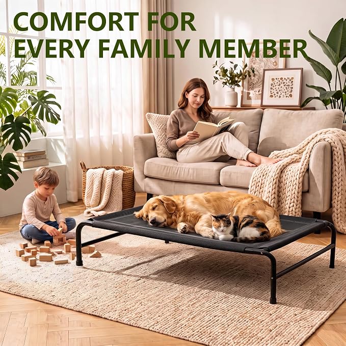MICOOYO Outdoor Dog Bed, Elevated Dog Bed Raised Dogs Bed with Breathable & Washable Mesh, No-Slip Feet, Easy Clean, Chew Proof, Portable Dog Cot for Indoor & Outdoor Use, 47" x 31" x 9", Black