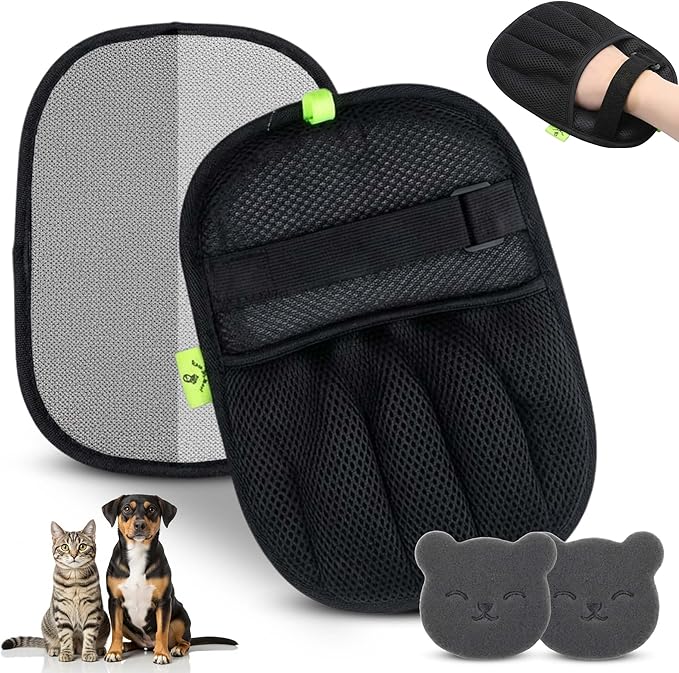 UPGRADED Thicker Electrostatic Pet Hair Remover Glove for Dogs & Cats – Five-Finger Fur Removal Tool with Secure Velcro Strap for Couch Sofa, Clothing & Pet Beds, Includes 2 Laundry Hair Remover Balls