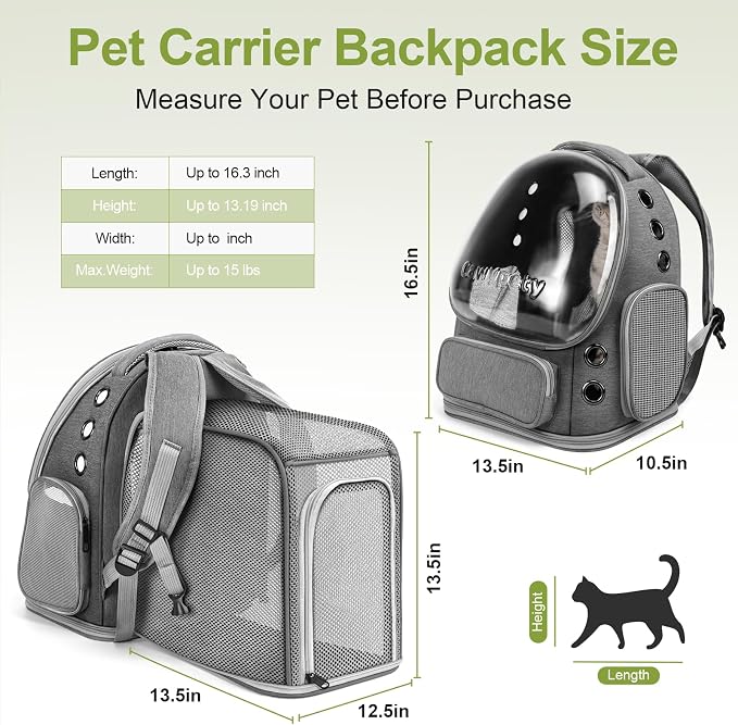 Cawypety Expandable Cat Backpack,Cat Bubble Backpack Carrier for Carrying Cats, Pets and Small Dogs,Airline-Approved,Designed for Travel, Hiking, Walking,Car （Grey