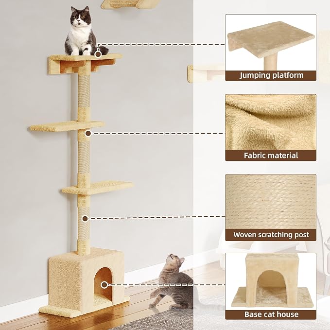 Cat Wall Furniture, 26 in 1 Cat Shelves w/Cat Tree, Tunnel, Beige | Wall Mounted Cats Furniture Set w/Plush Fabric, Cat Climbing Systems for 16 Inch Drywall, with Scratching Posts, Bridge, Moon