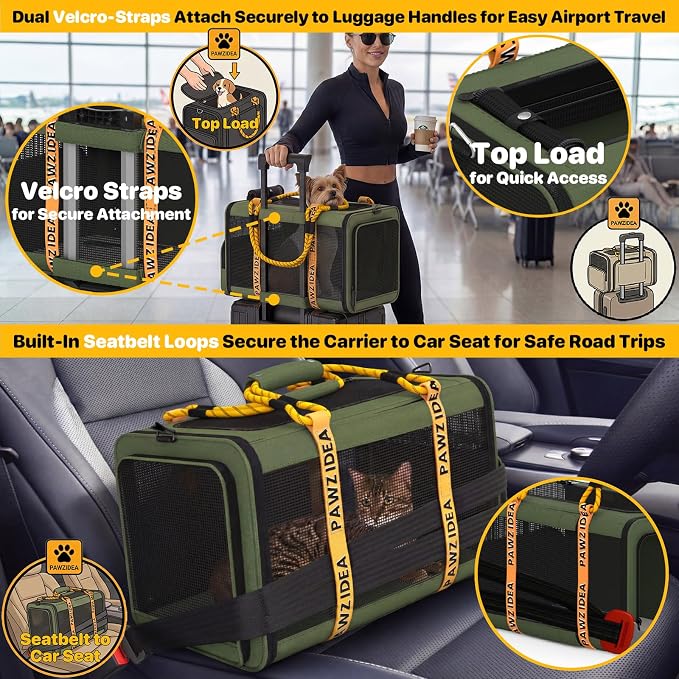 PAWZIDEA Expandable Pet Carrier Airline Approved, 18"×11"×11" Small Dog Carriers, Collapsible Top-Load Cat Carrier for 2 Cats Under Seat, Soft-Sided Puppy & Animal Travel Bag, ID Card, Up to 15lbs