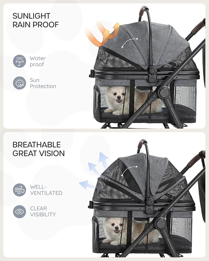 3 in 1 Pet Carrier Stroller with Detachable Carrier, Foldable Dog & Cat Stroller for Small/Medium Dogs up to 33 lbs, Large Storage Bag, Full Window Mesh, One-Touch Dual Brake, Car Seat