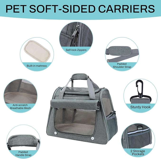 Airline Approved Soft-Sided Pet Carrier for Cats & Small Dogs - Ventilated Travel Bag with Removable Mat, Under 15 lbs, Grey