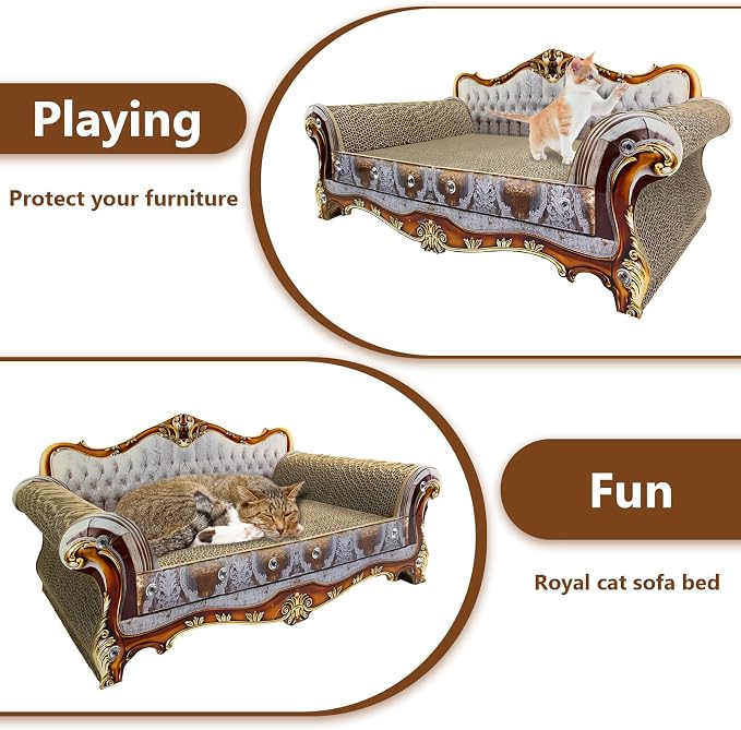 Luxury Cardboard Cat Scratcher Sofa Bed, Couch Shaped Cat Scratching Board, Scratch Lounge with Catnip, Scratcher for Indoor Cats Kittens Kitties Grey