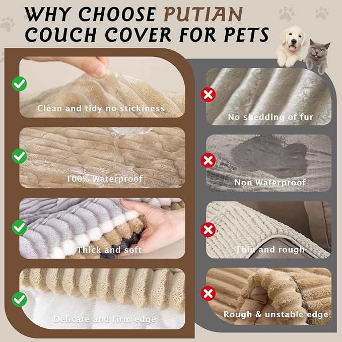 PuTian 100% Waterproof Fuzzy Couch Cover for Dogs Khaki 27.6"x27.6" | Pet Friendly Dog Mat for Couch, Waterproof Sofa Protector, Scratch Resistant Furniture Cover for Dogs, Machine Washable