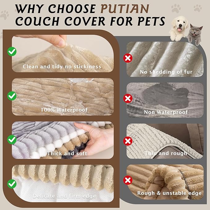 PuTian 100% Waterproof Fuzzy Couch Cover for Dogs Khaki 27.6"x82.7" | Pet Friendly Dog Mat for Couch, Waterproof Sofa Protector, Scratch Resistant Furniture Cover for Dogs, Machine Washable