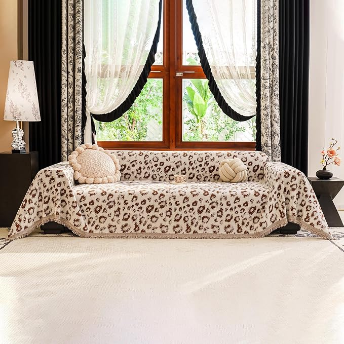 VClife Boho Couch Cover, Cute Animal Cheetah Throw Cover for Couches, Extra Large Couch Covers for 3 Seaters, Non Slip Couch Slip Cover for Dog Versatile Furniture Protector, Brown, 71''x150''