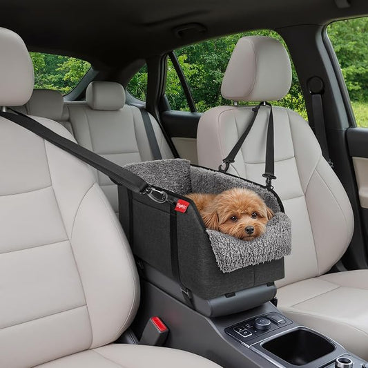 BurgeonNest Center Console Dog Car Seat for Small Pets to 11lbs, Grey | Anti-collapse armrest Console seat with washable fluffy cushion, pillow & tether for stable, cozy pet travel trips.