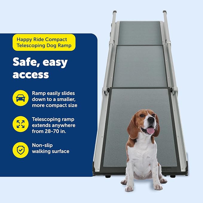 PetSafe Happy Ride Compact Telescoping Dog Ramp | Most Compact Size, Extends 28-70 in for Most Vehicles, Rubber Feet, Side Rails, Safety Latch, Supports Dogs up to 300 Lb