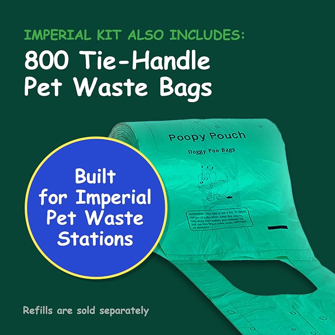 Imperial Pet Waste Station - 8ft Green Steel Dog Waste Station - Includes a Locking Dispenser, 800 Lemon-Scented Single-Pull Poop Bags, a 10gal Trash Receptacle w/Lid, and a 12"x18" Sign