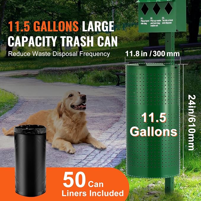 VEVOR Dog Waste Station, 11.5 Gallon Pet Waste Station with Lockable Bag Dispenser, 50 Can Liners & 600 Waste Bags, Outdoor Pet Poop Station for Apartments, Parks, Backyard, Dog Waste Disposal System