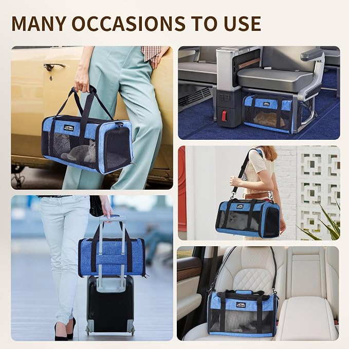 Pet Carrier Airline Approved, Soft Sided Cat Carrier for Small Pets up to 13 lbs, TSA Approved Dog Travel Bag, Portable Soft Sided Pet Carrier for Kittens and Puppies (Blue, Travel Litter Box)