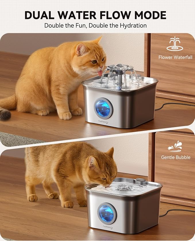 Stainless Steel Cat Water Fountain, 2.8L with 20dB Ultra-Quiet Pump- Ideal for Timid Pets, LED Water Level Window, Dishwasher Safe, 24/7 Circulation- Includes 3 Replacement Filters