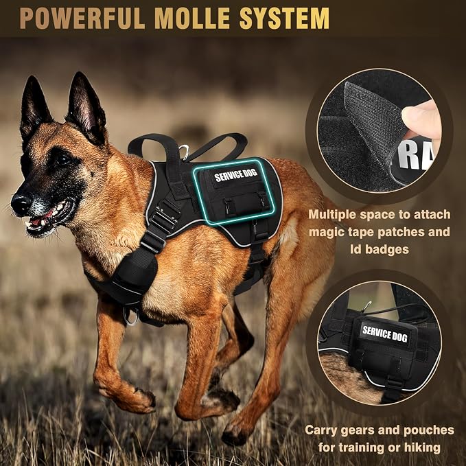 2X Metal Buckle Service Working MOLLE Dog Vest with 10 Pet Patches | Tactical Dog Harness for Medium Dog, No-pull Military Working Vest for Training Hunting Walking，2x D Rings for Leash Clip