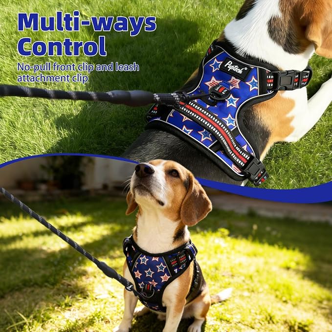 PUPTECK No Pull Tactical Dog Harness for Large, Adjustable Reflective Dog Harness with Handle Easy Control, Comfortable Soft Padded Pet Vest Harness for Large Dogs, Blue Stars L