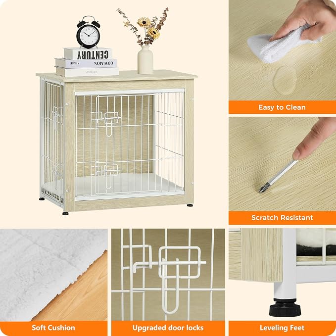 DWANTON Dog Crate Furniture with Cushion, Wooden Kennel Table with Double Doors, Indoor Dog House, Small/Medium/Large Size, 27.2" L, White Oak
