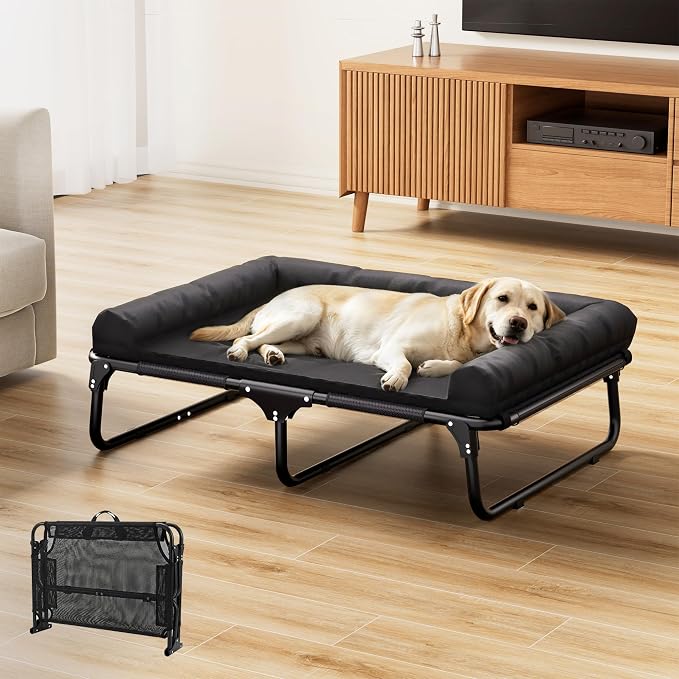 Foldable Elevated Large Dog Cot Bed with Detachable Soft Mat | For Indoor & Outdoor, Raised Orthopedic Pet Bed, Load Over 150 LBS, Carry Handle, Heavy Duty Frame, Non-slip Foot Pads