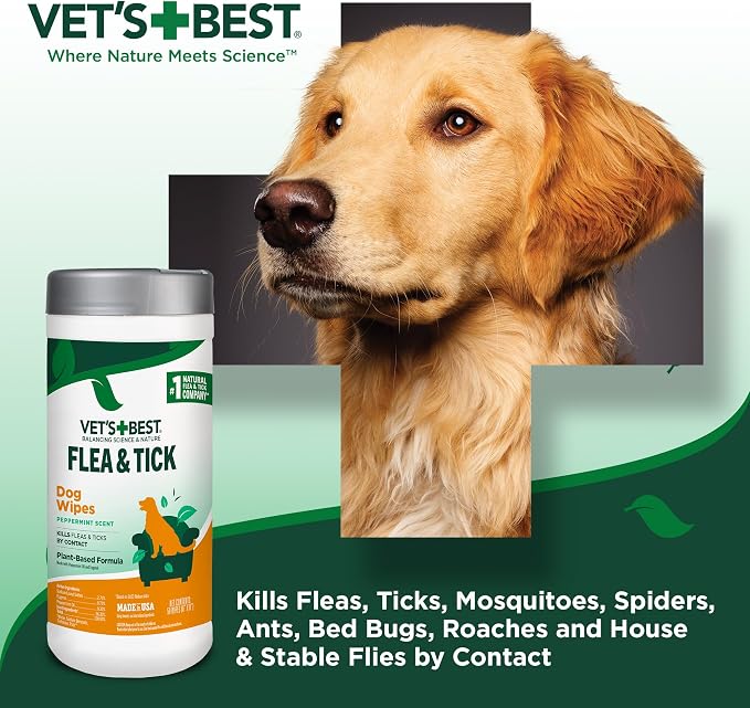Vet’s Best Natural Flea and Tick Wipes for Dogs, Plant-Based Wipes for Flea and Tick Prevention Certified Essential Oils, Pest Control for Kennels and Home Use, Made in USA, 50 Count