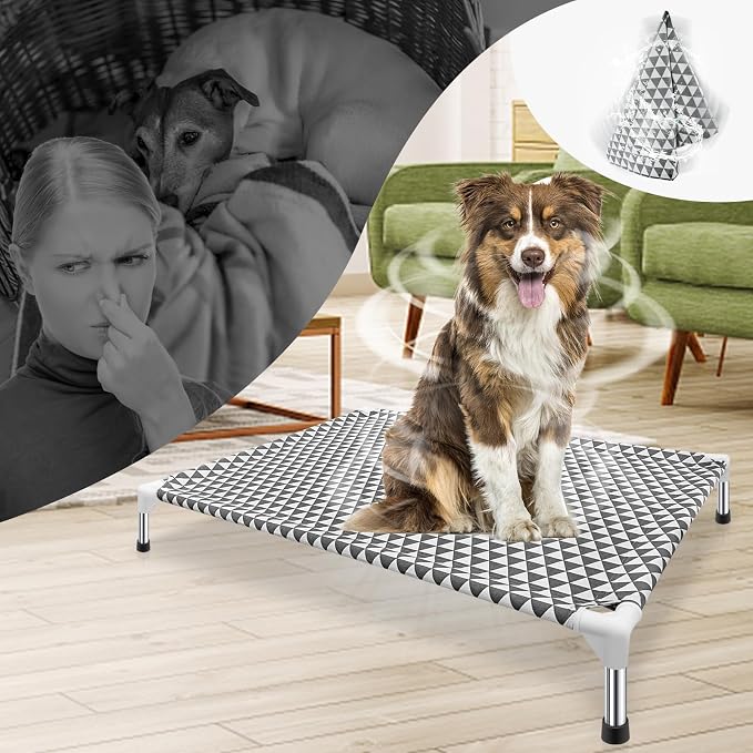 Kuntrust Elevated Outdoor Dog Bed, Large Size, Fits up to 100lbs | Breathable Fabric, Dual-Layer Cotton, Stainless Steel Frame, Anti-Slip Feet