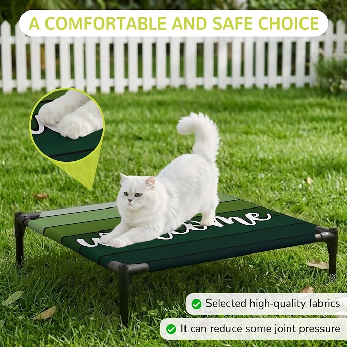 Outdoor Elevated Dog Bed for Small Dogs, Green Wooden Grain Breathable Cooling Raised Dog Cot for Indoor/Outdoor, Ombre Farmhouse Country Wood Plank Waterproof Elevated Pet Beds, S 20 x 20 in