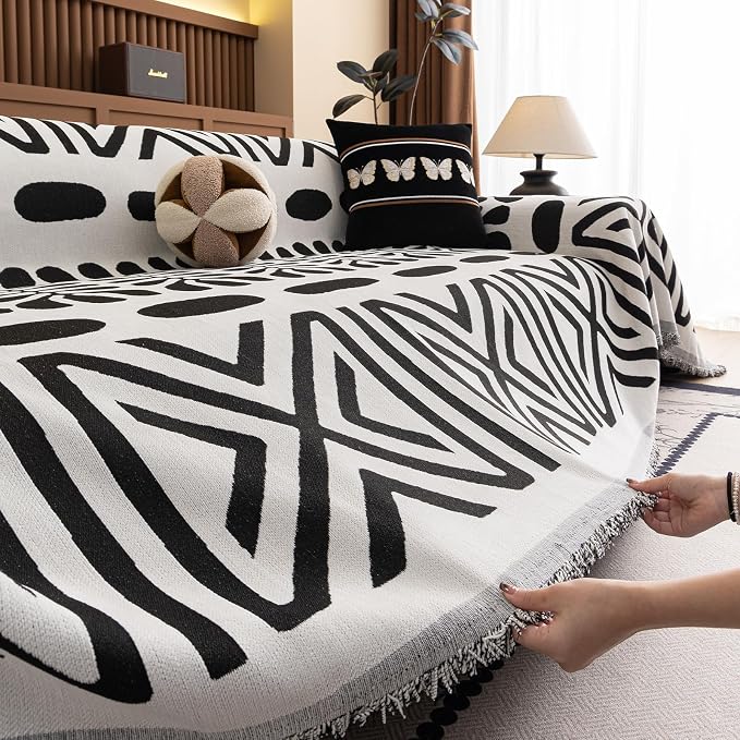 VClife Bohemian Couch Cover Western Aztec Sofa Cover for 2 Cushion Couch Sofa Washable Chenille Sofa Slipcover Boho Non Slip White Black Geometric Couch Slip Cover for Sectional Sofa 71''x118''