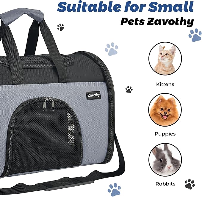 Zavothy TSA Airline Approved Soft-Sided Pet Carrier for Small to Medium Cats and Puppies, Up to 15 Lbs – Collapsible Travel Carrier for Dogs & Cats, Grey