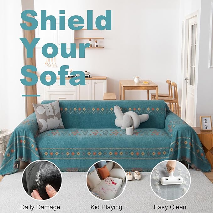 VClife Boho Couch Cover Green Geometric Jacquard Pattern Sofa Cover, 1 Piece Large Couch Covers for 3 Cushion Couch Sofa Washable Plush Chenille Sofa Protector for Living Room, 71x134 Inch