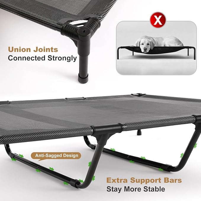 petizer XL Elevated Dog Beds for Large Dogs 48x36x9'', Hold up to 140lbs, Breathable Off-the-Ground Dog Cots, Anti-Sag Raised Dog Bed with Center Bars, Indoor & Outdoor, Black