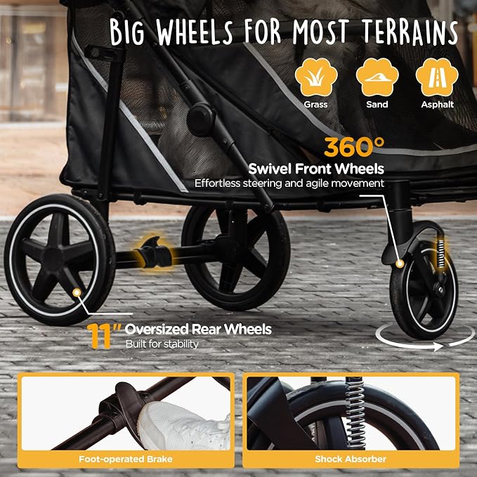 CANINE CANYON Denver Dog Stroller for Large & Medium Dogs- Easy Fold All-Terrain Pet Stroller for 2 Dogs with Dual Entry, One-Foot Brake, Sunroof & Breathable Windows, Up to 130 lbs, Black