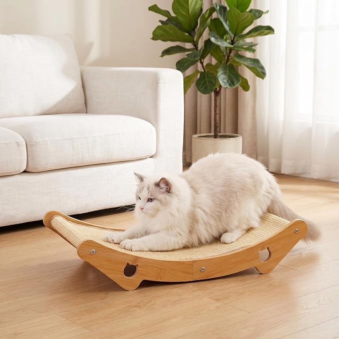 Cat Scratcher & Scratching Lounge, 3-in-1 Sisal Bed & Hammock for Indoor Cats, Wood Frame, Curved Lounge, Large 23.6x13.8in, Cat Furniture, 20 lbs
