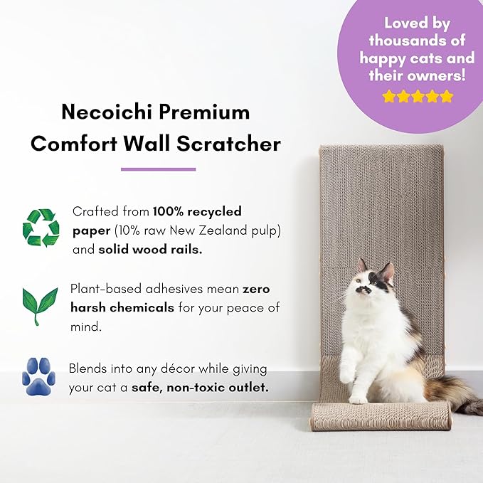 Necoichi Cardboard Cat Scratcher Wall for Indoor Cats - Cat Scratching Board, Cat Scratch Pad Lounger with Reversible Usability and Extra Comfort for Lounge, Curved (Oak, Regular)