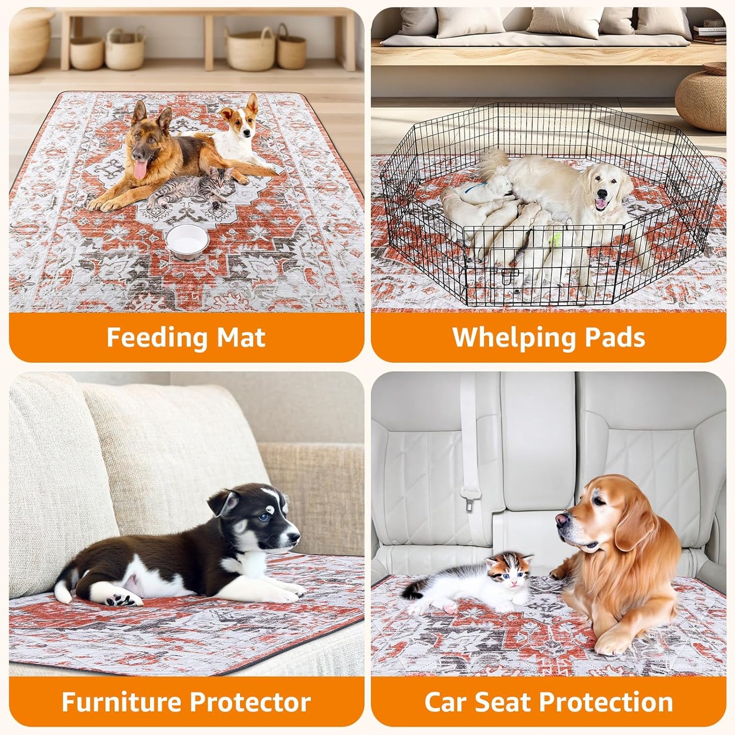 LOOBANI Reusable Pee Pads for Dogs, 2 Pack Super Absorbent Washable Puppy Pads, Waterproof Non-Slip Whelping for Floor Playpen Crate Couch - 36x41 (Red-Orange)
