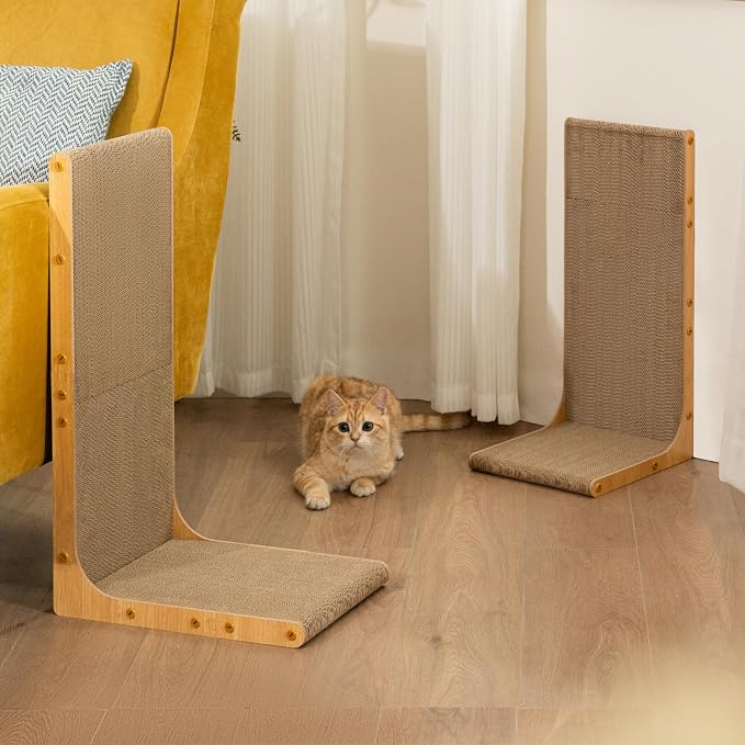 Conlun Cardboard Cat Scratcher, 23" L-Shaped Scratch Pad, Vertical Wall-Leaning Scratching Board to Protect Furniture for Indoor Cats,Wood Grain Large