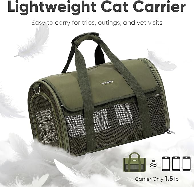 FUKUMARU Cat Carrier, Light & Airy Pet Carrier, 18x11x11 Airline Approved Dog Carrier for Small Dogs, 2-in-1 Shoulder Strap Leash, Collapsible Soft Cat Travel Carrier with Anti-Scratch Mesh, Green