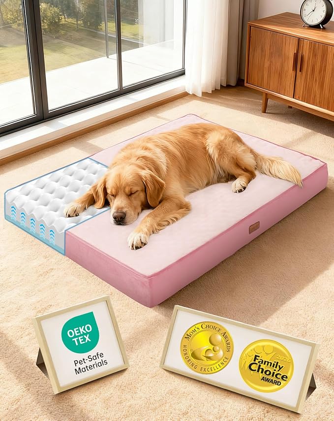 OhGeni Orthopedic Waterproof Dog Bed for Large Dogs, Machine-Washable Removable Cover in Easy-Clean Fabric, Reversible Memory Foam & Easy-Carry Handle, Wider and Larger, 44 inch (Pink)