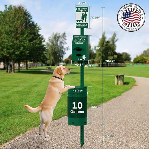 Dog Waste Station Outdoor, Pet Waste Disposal Station Rustproof Aluminum with 10 Gallon Trash Can, 600 Dog Poop Bags & 50 Liners for Parks, Trails, HOA Communities, Backyards