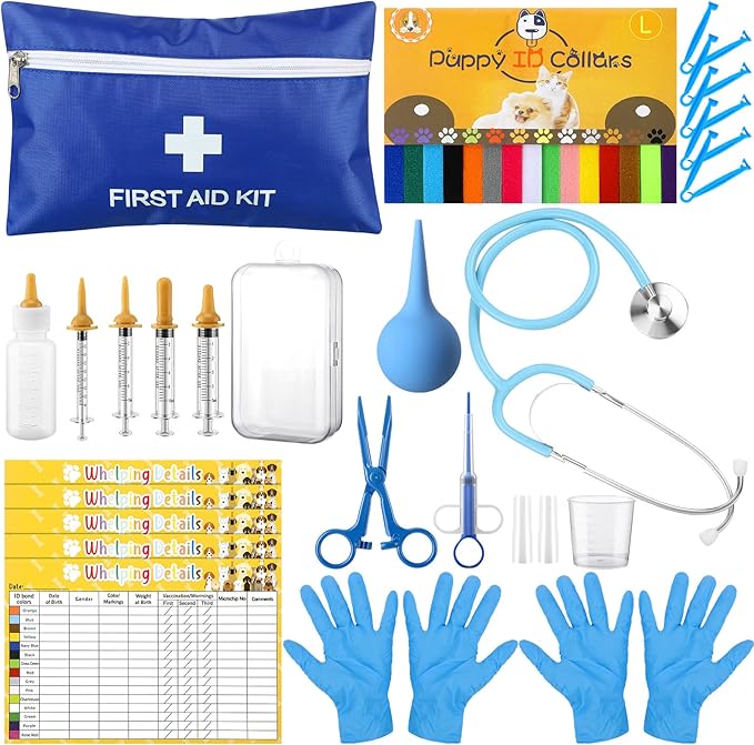 48 Pcs Puppy Kitten Whelping Kit Include 4 Puppy Feeding Tube, 6 Record Keeping Charts, 15 Whelping Collars, 15 Cord Clamps, 2 Gloves, Bulb Aspirator, Syringe, Bottle, Scissors, Stethoscope, Bag