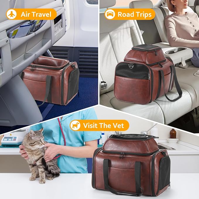 Premium Leather Top Expandable Pet Carrier for Small Dogs & Cats Under 15 lbs, Airline Approved Collapsible Soft-Sided Luxury Travel Bag Coffee