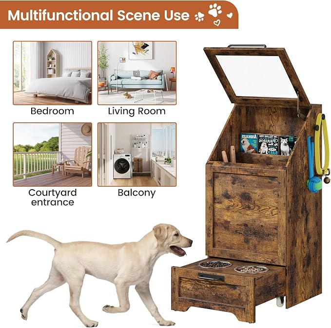 Dog Feeding Station with 2 Elevated Bowls | Pet Feeding Station,Flip Top Dog Food Storage Cabinet, Food Storage Container,Pet Toy Organizer,Modern Organizer, Brown