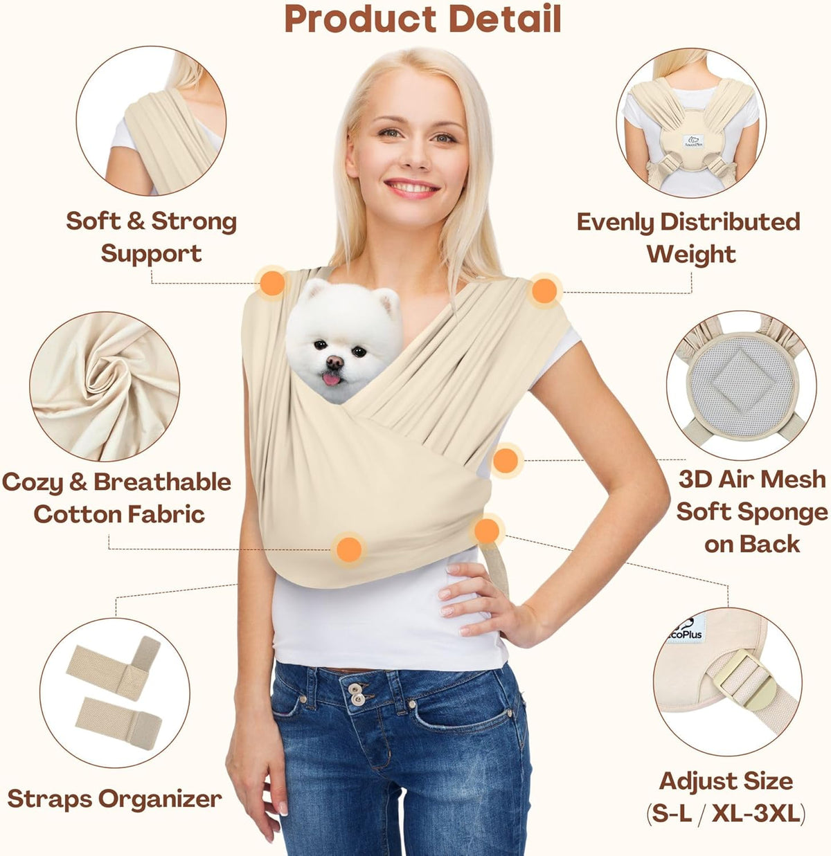 Dog Carriers for Small Dogs, Front Facing Dog Sling Carrier, Hands Free Cat Carrier, Size Adjustable, Reducing Back Pain, Premium Cotton, Safe and Soft Dog Carrier (Plus, Beige)