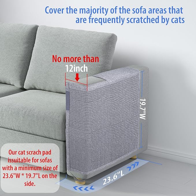 Cat Scratch Couch Protector with Natural Sisal for Protecting Couch Sofa Chair Furniture 23.6" L*19.7" W(Smoke Gray, Left Hand)