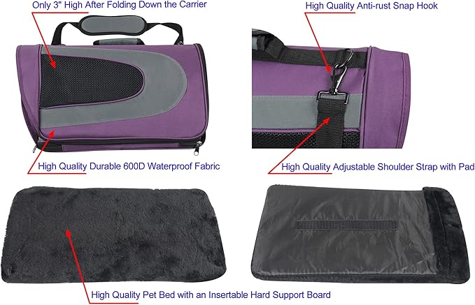 EliteField Deluxe Soft Pet Carrier (3 Year Warranty, Airline Approved), Multiple Sizes and Colors Available (18" L x 10" W x 11" H, Purple+Gray)