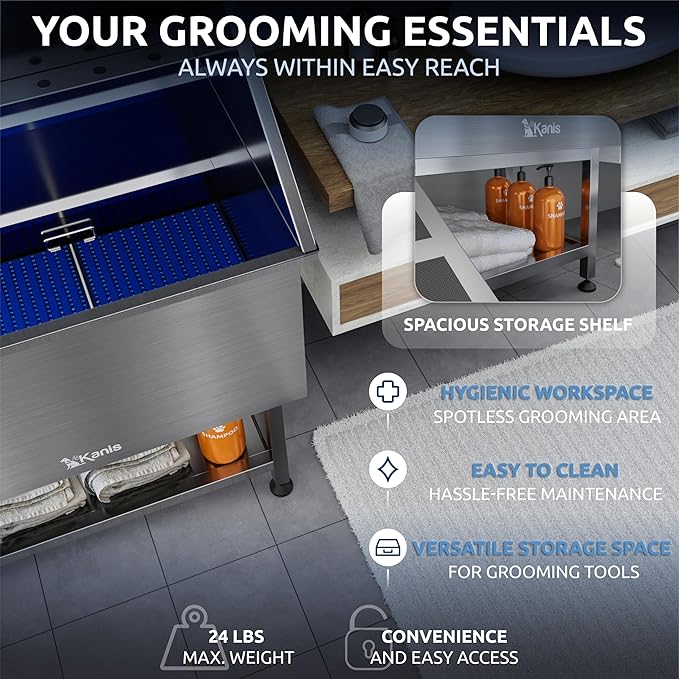 KANIS Professional Dog Washing Station - 304 Stainless Steel Pet Wash Sink & Grooming Bathtub w/Shower, Floor Grates and Storage for Large, Medium & Small Pets (61", Shelf - Left Ramp)